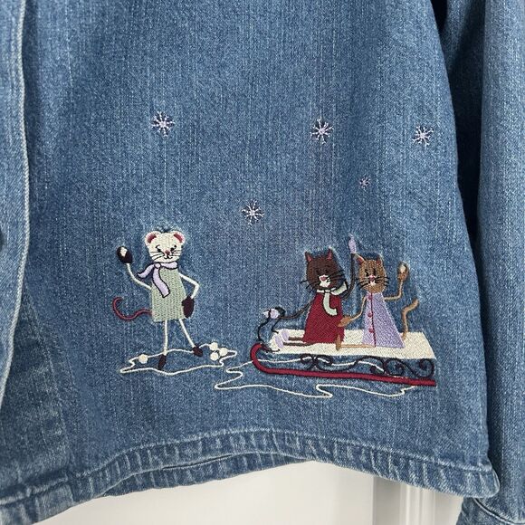 Y2K Christopher Banks Women L Denim Jacket Embroidered Cats Mice Cottagecore Vtg - Picture 3 of 11
